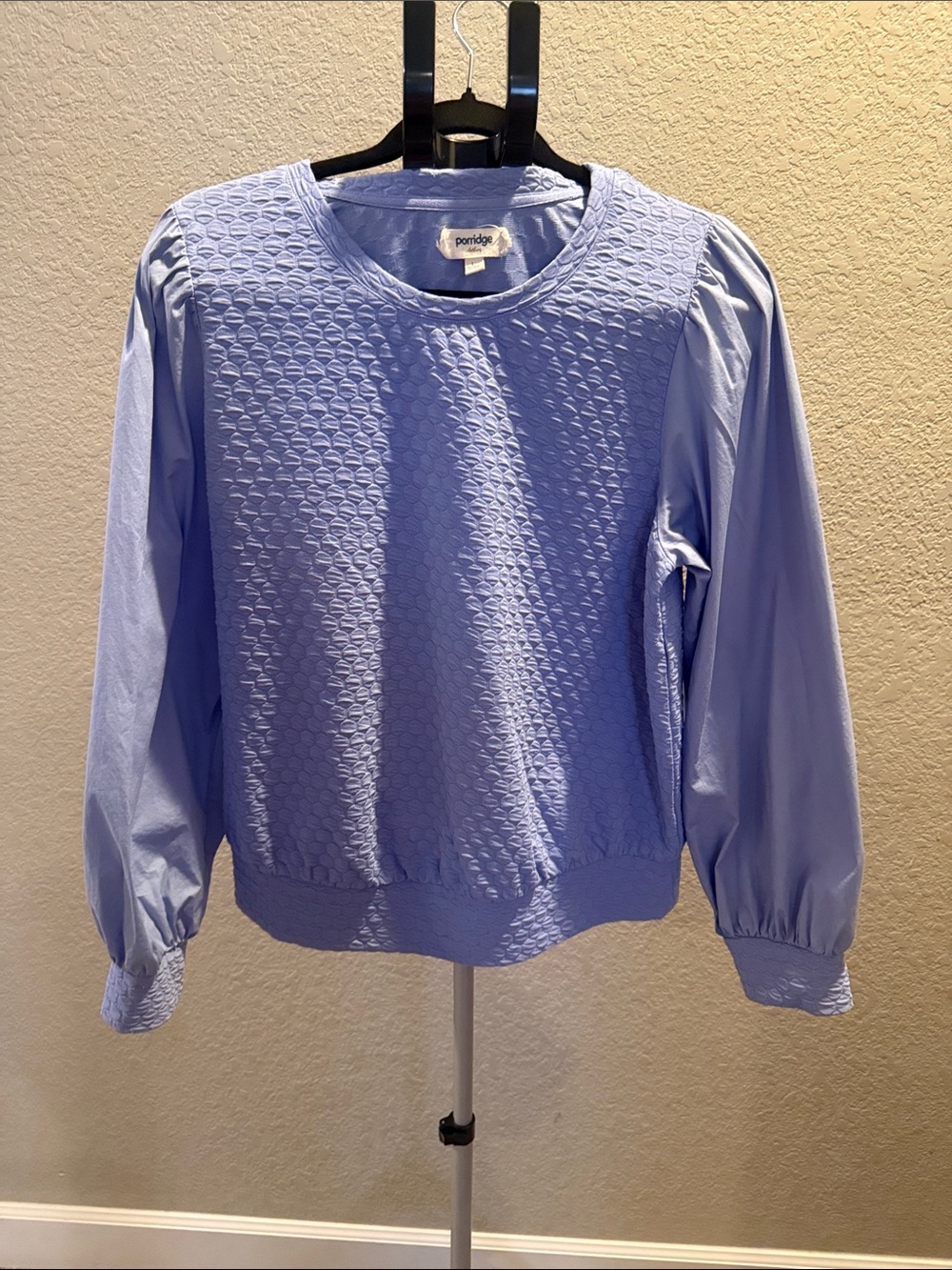 Porridge bluish Lavender Textured Puff-Sleeve Sweatshirt. Size L